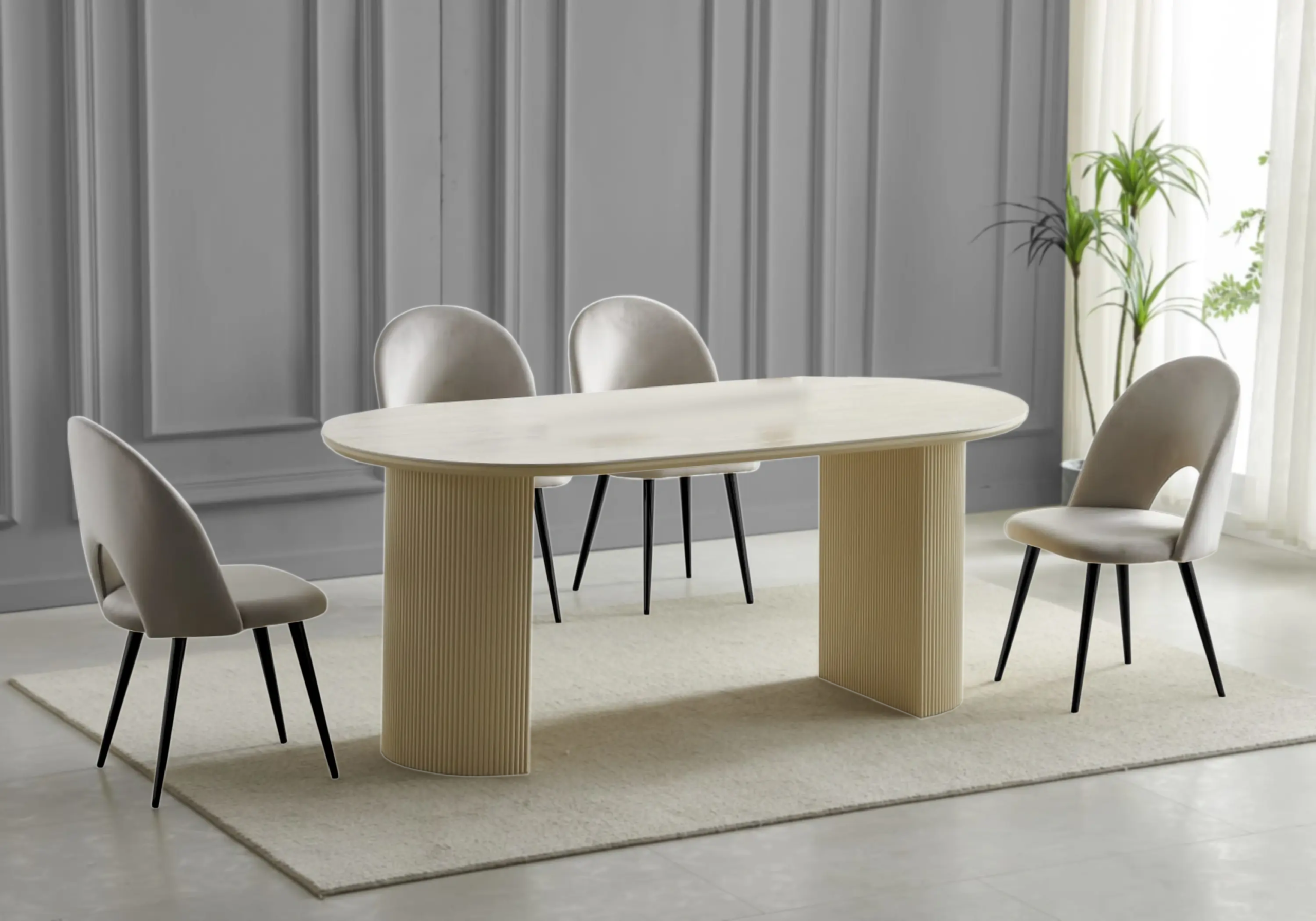 0 962.png Ensemble Table Travertin Beige Chaises Grises Pieds Noirs