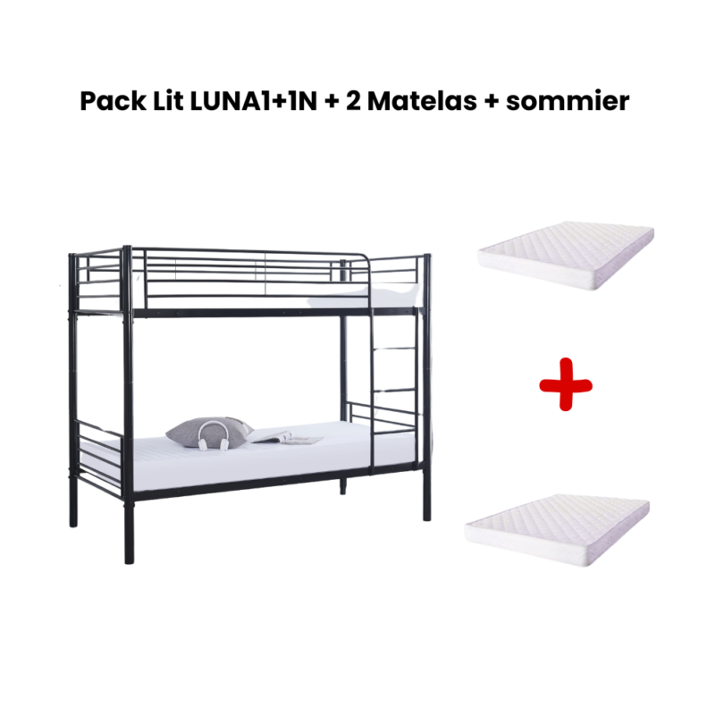 Lit Superposé Luna Métal Noir 90x190 cm Avec Matelas