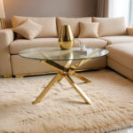 Table Basse Lumière Ronde Verre Structure Dorée